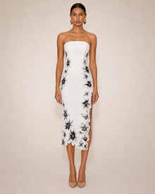 Flower Embroidered Strapless Midi Dress - White
