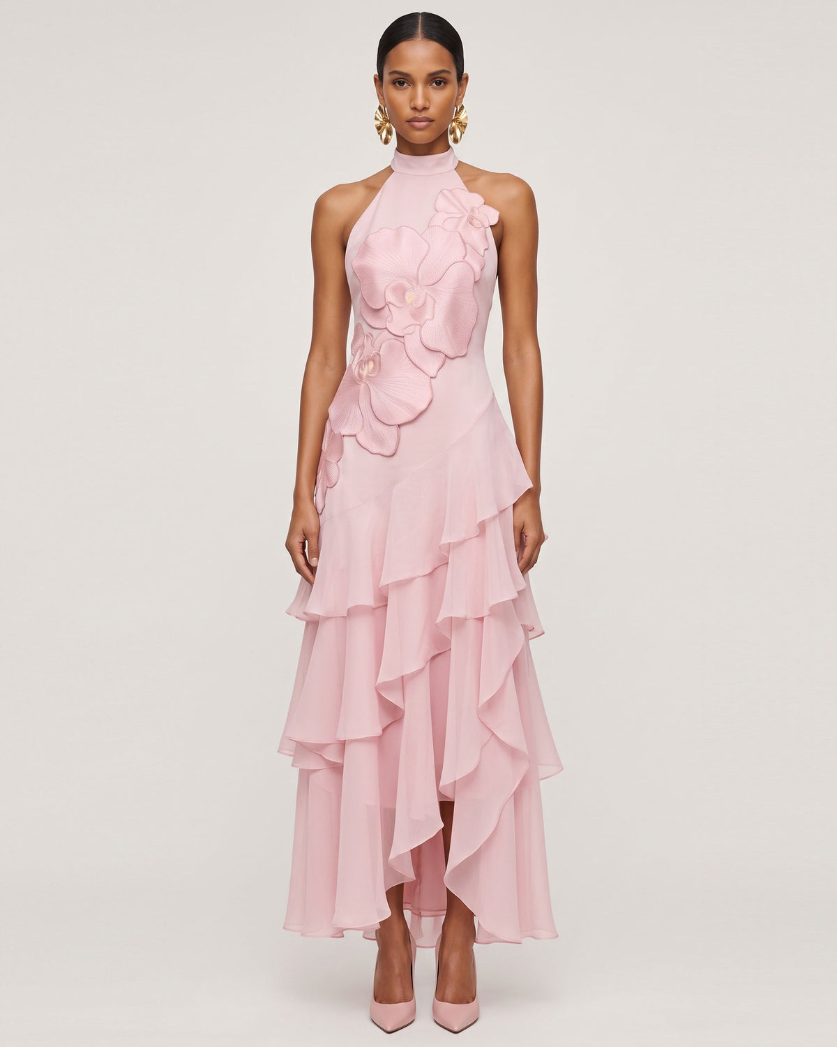 Orchid Embroidered Halter Asymmetric Layered Maxi Dress - Pink