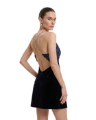 Beaded Floral Strappy Open-Back Mini Dress - Black & Navy