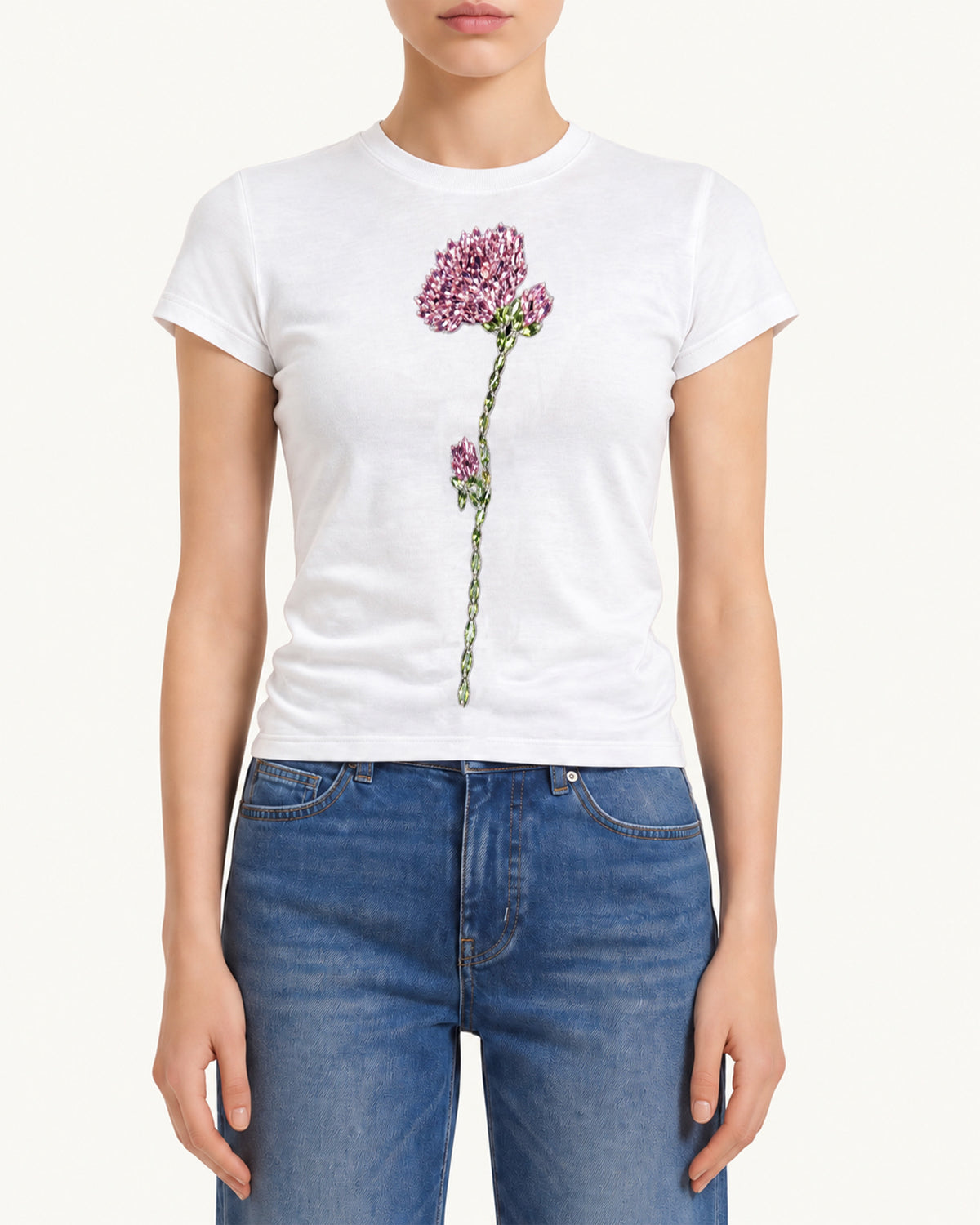 Essential Rhinestone Rose Stretch Slim Tee - Pure White