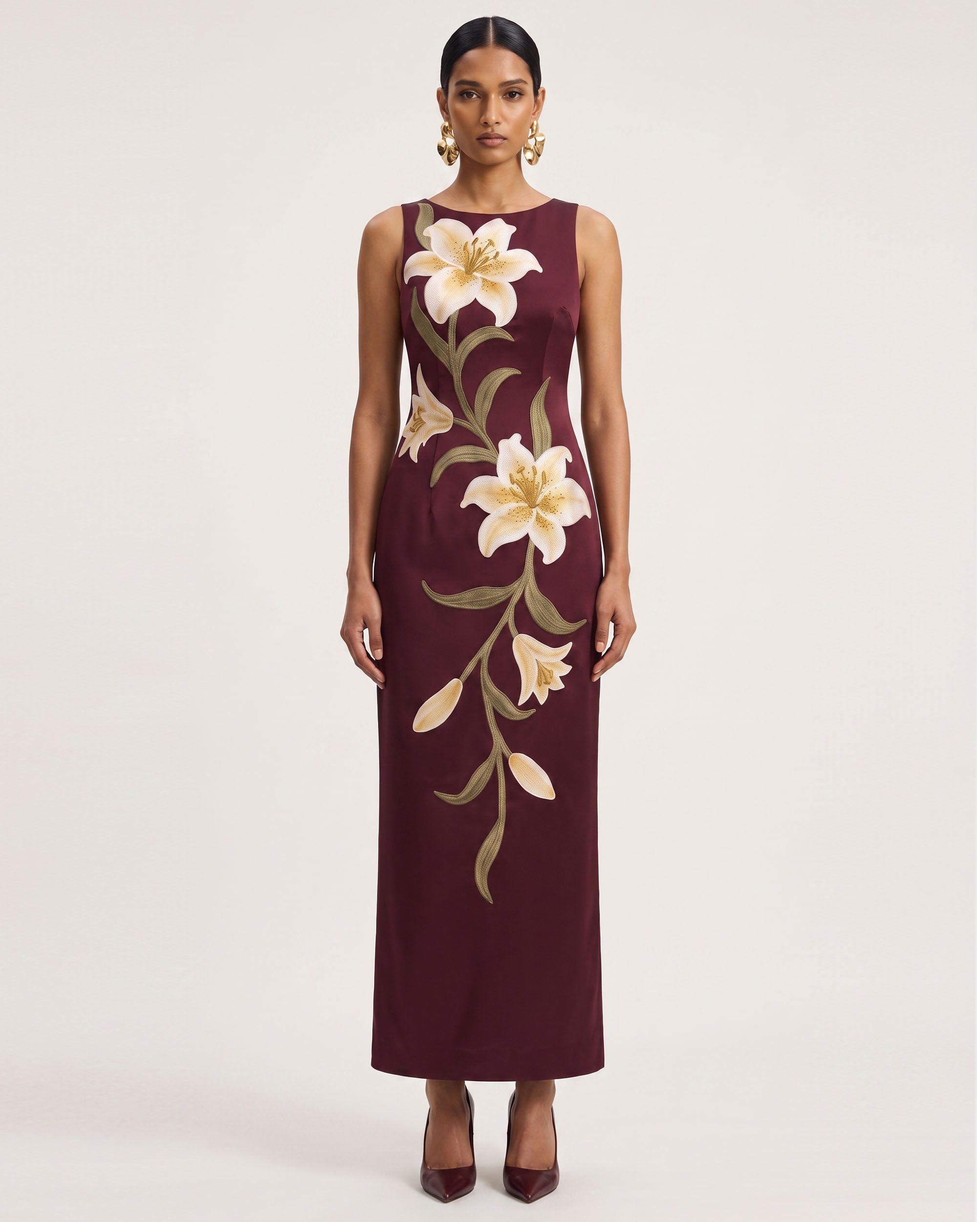 Lily Floral Print Sleeveless Column Maxi Dress - Burgundy