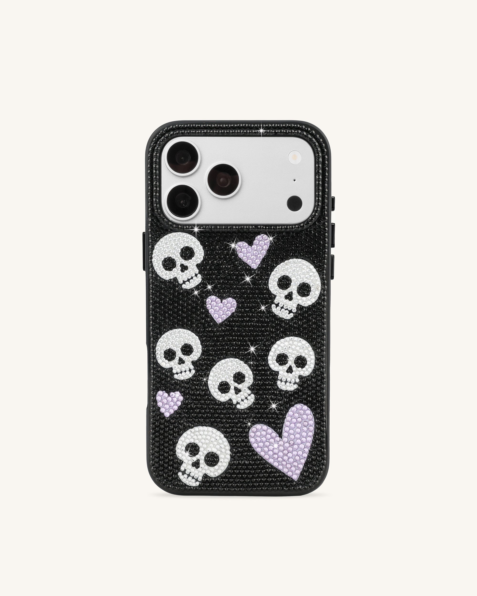 Skull And Heart Rhinestone Phone Case - Black