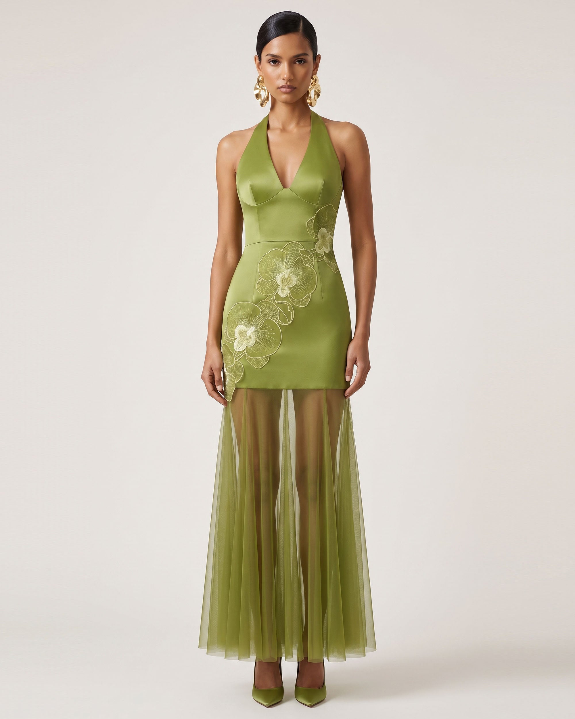 Orchid Embroidered Sheer Hem Halter Maxi Dress - Olive