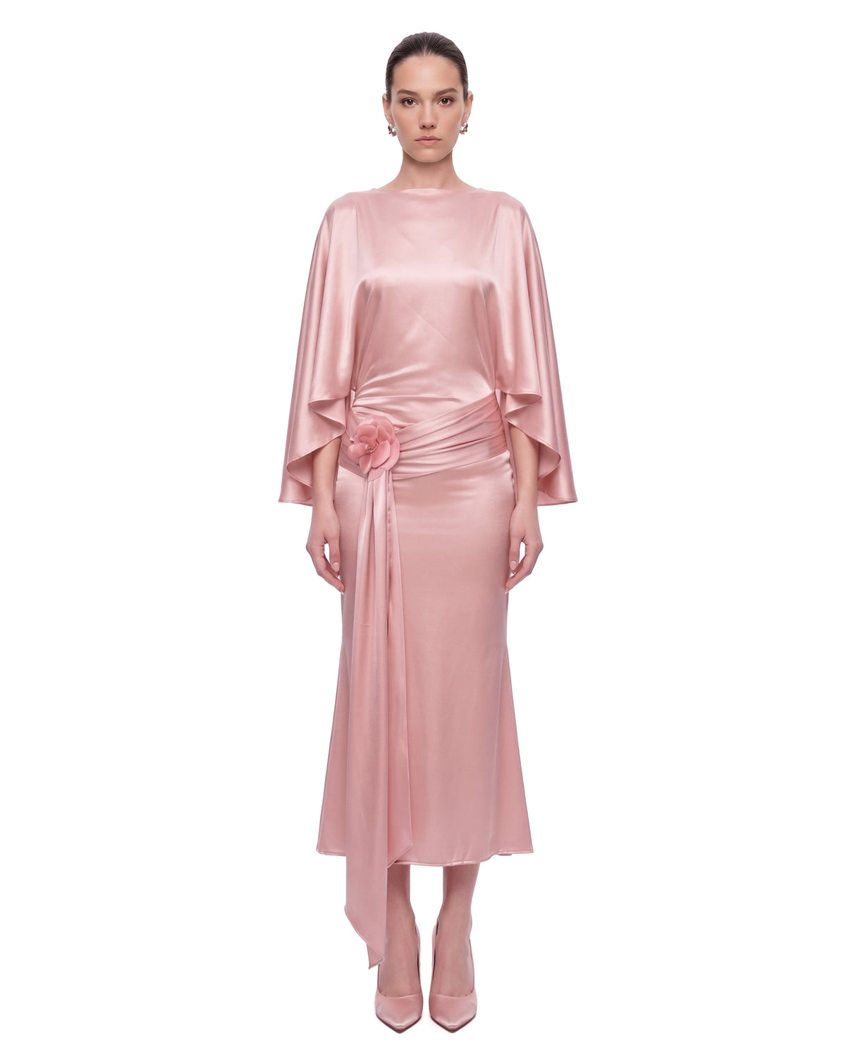 3D Floral Ruched-Waist Cape Midi Dress - Blush