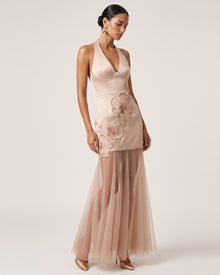Orchid Embroidered Sheer Hem Halter Maxi Dress - Champagne