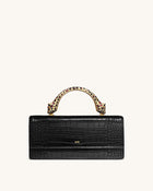 Maya Leopard-Shaped Hardware Handle Top Handle Bag - Black Croc