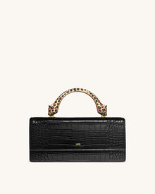 Maya Leopard-Shaped Hardware Handle Top Handle Bag - Black Croc