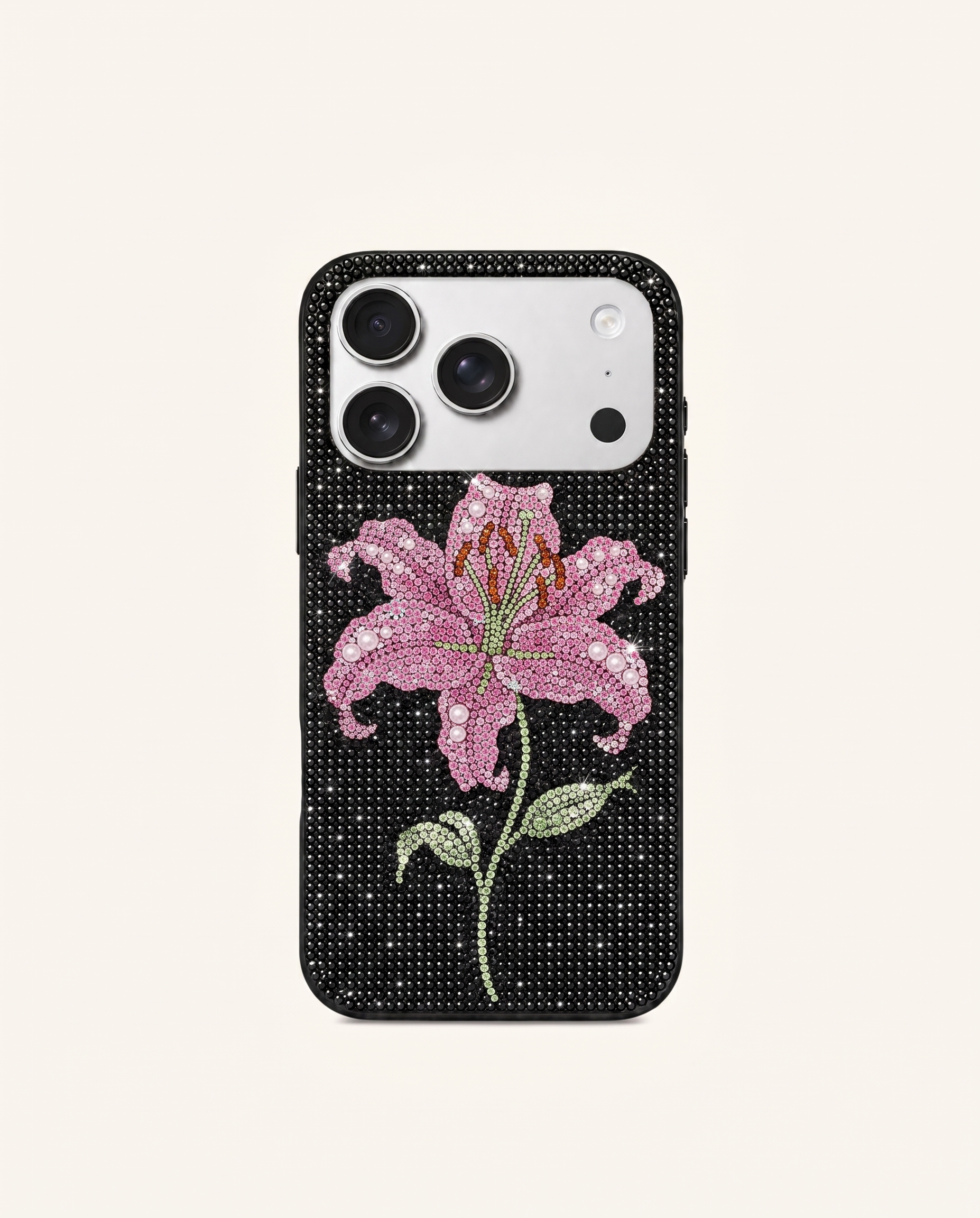Pink Lily Artificial Crystal Phone Case - Black