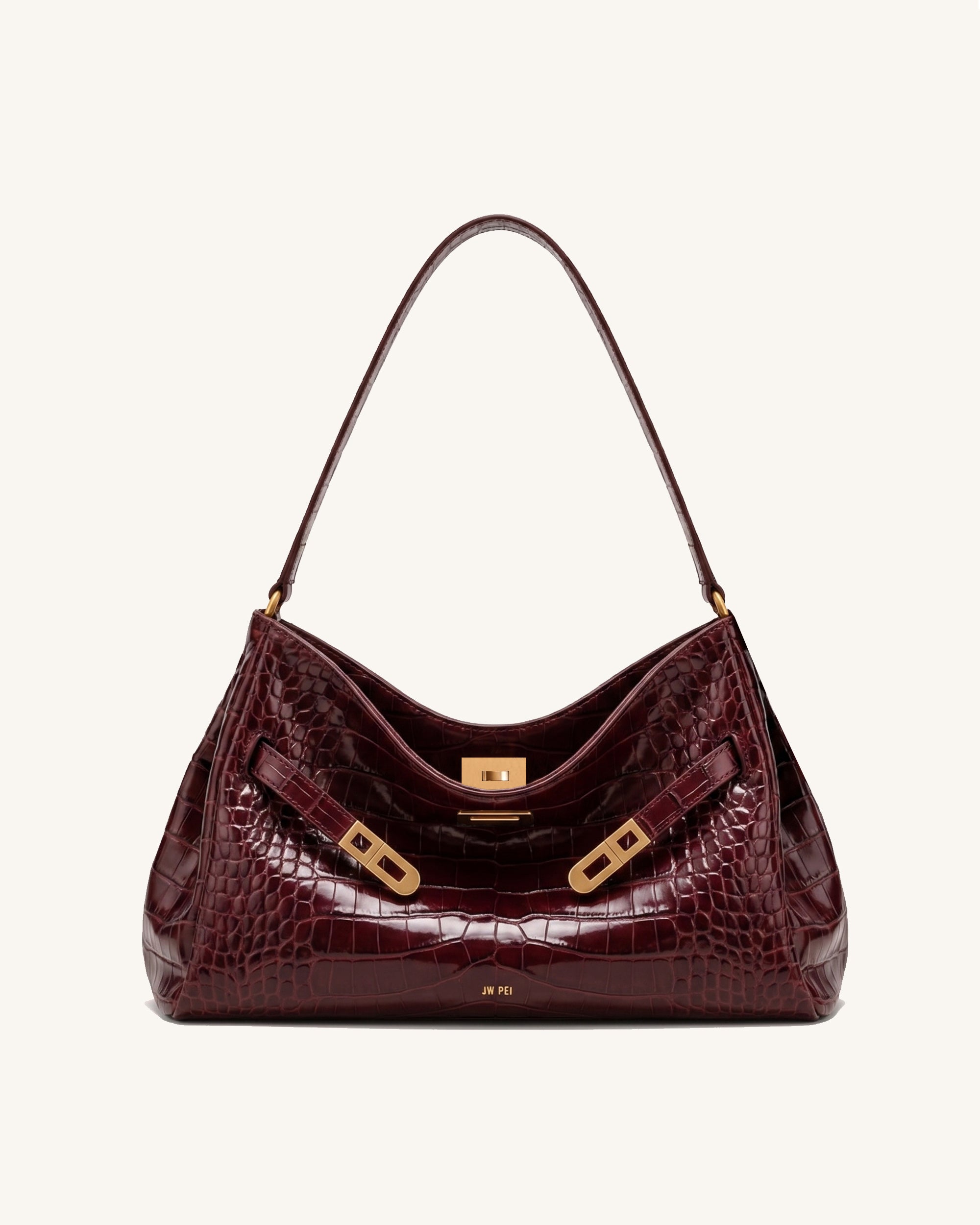 Rhea Double Buckle Open-Top Shoulder Bag - Burgundy Croc