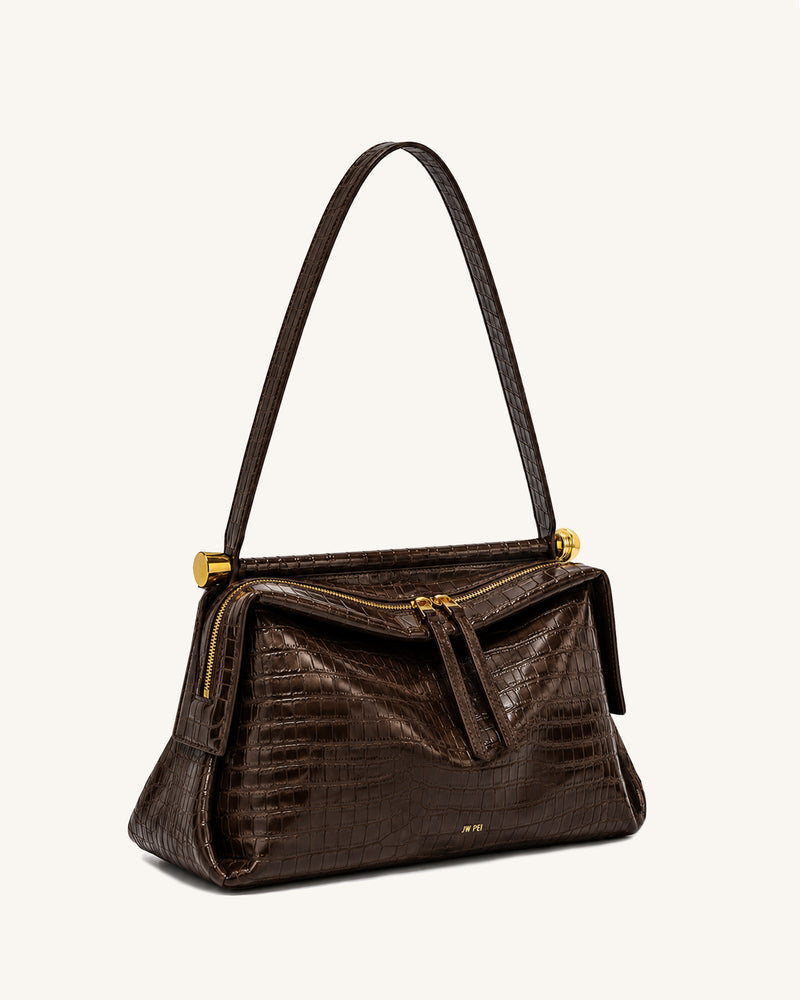 Naomi Double-Zip Shoulder Bag - Brown Croc