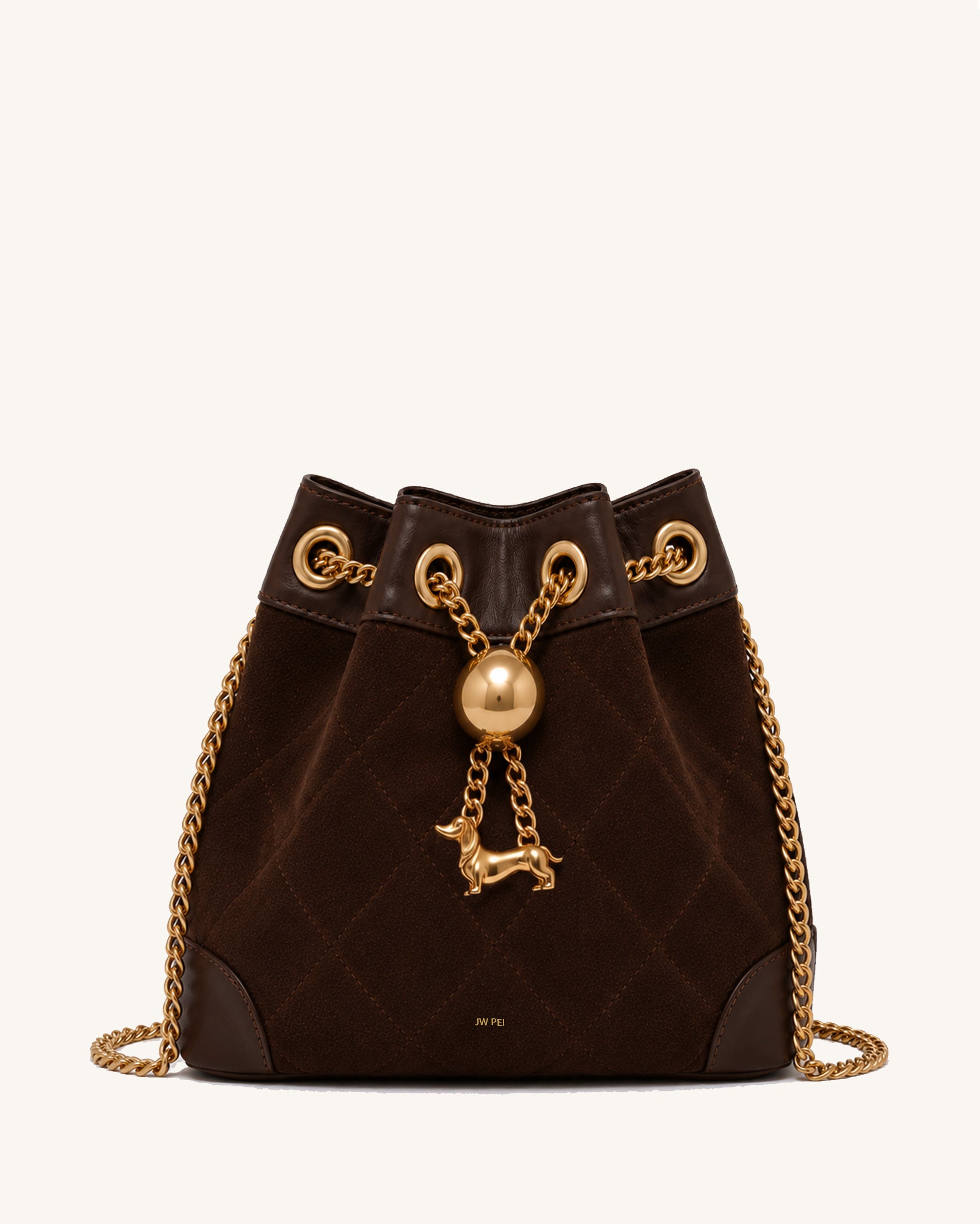Riley Faux Suede Dachshund Chain Bucket Bag - Brown