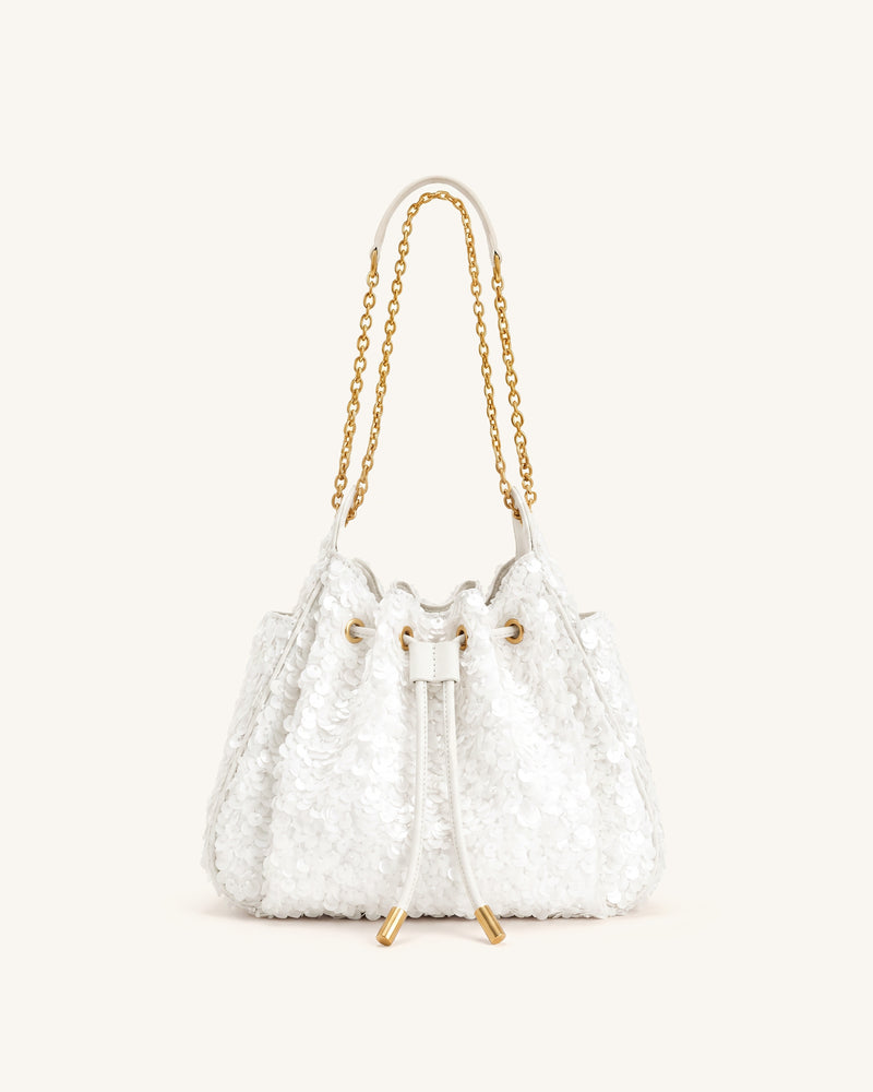 Rowan Small Sequin Chain Bucket Bag - White