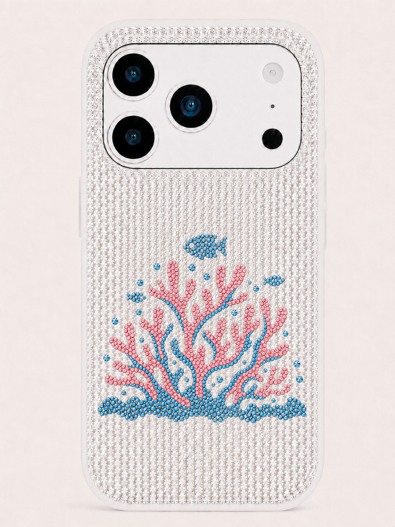 Pink Coral Artificial Crystal Phone Case - White
