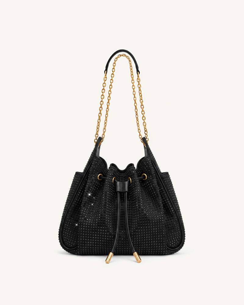 Rowan Small Artificial Crystal Chain Bucket Bag - Black
