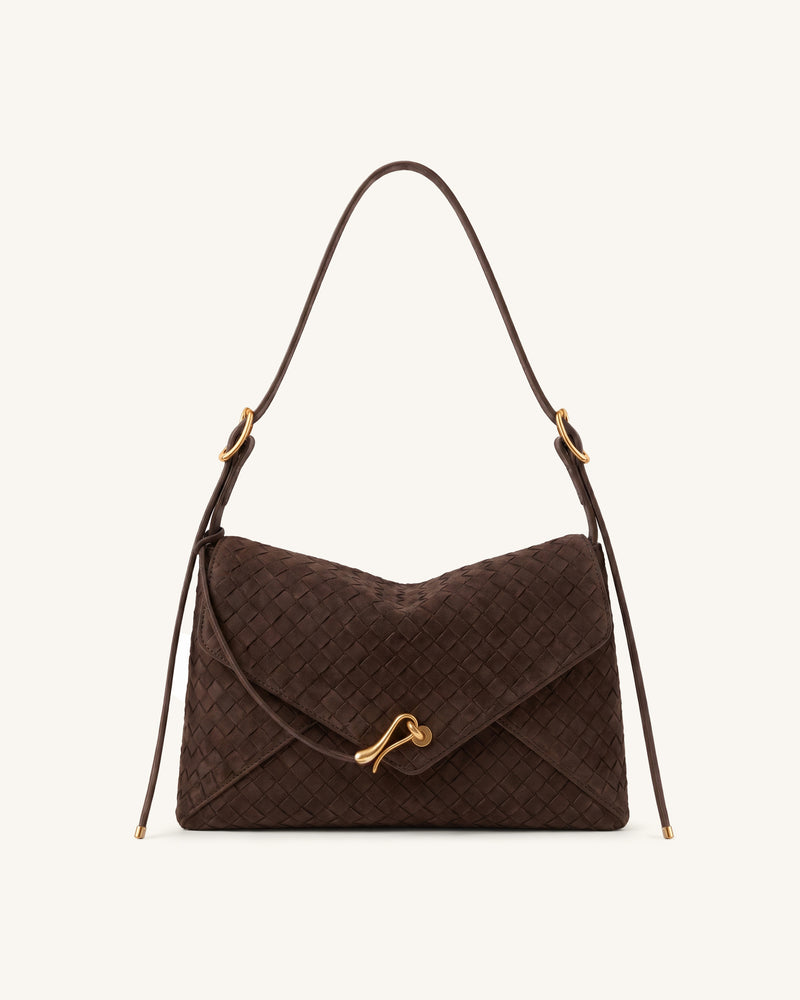 Celeste Faux Suede Woven Shoulder Bag - Dark Brown