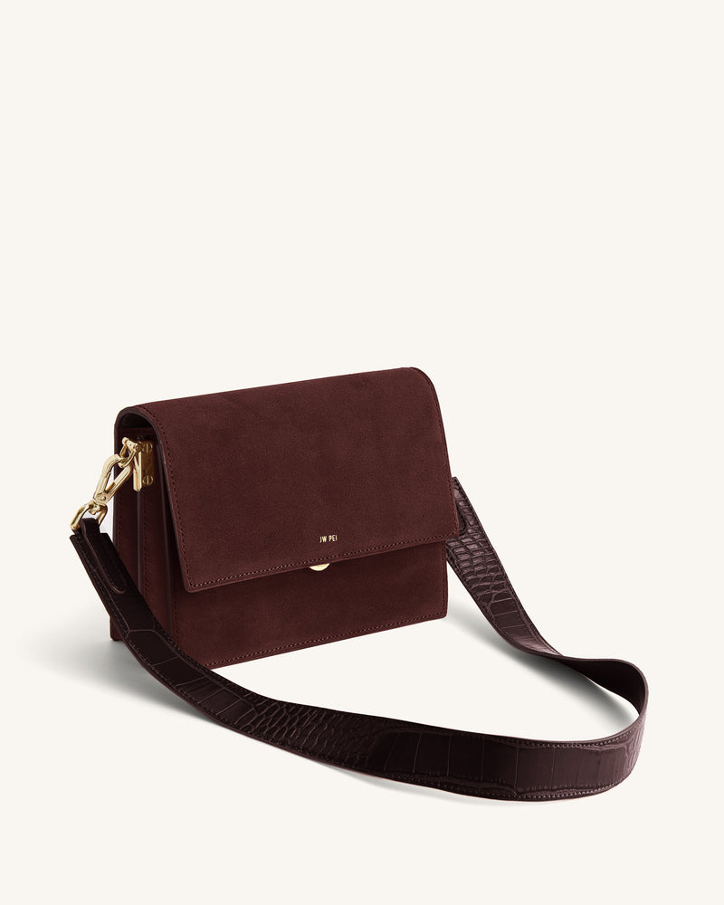 Mini Flap Faux Suede Crossbody - Reddish Brown