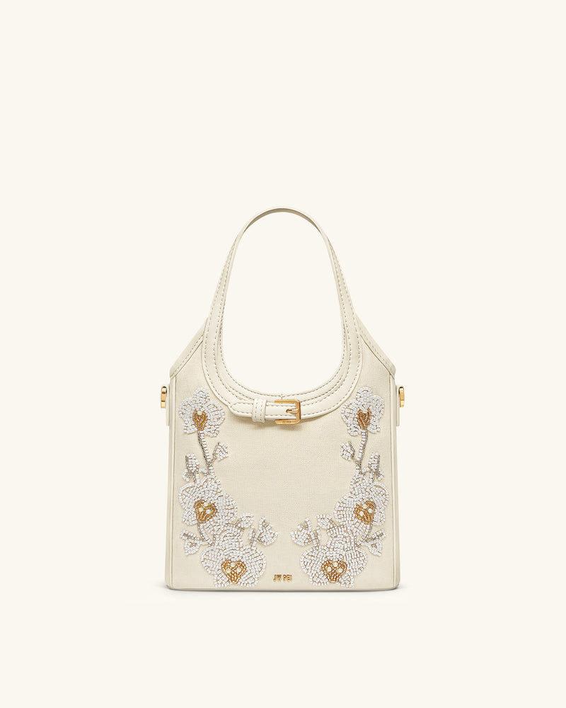 Brooke Mini Belted Embellished Orchid Beaded Top Handle Bag - Ivory