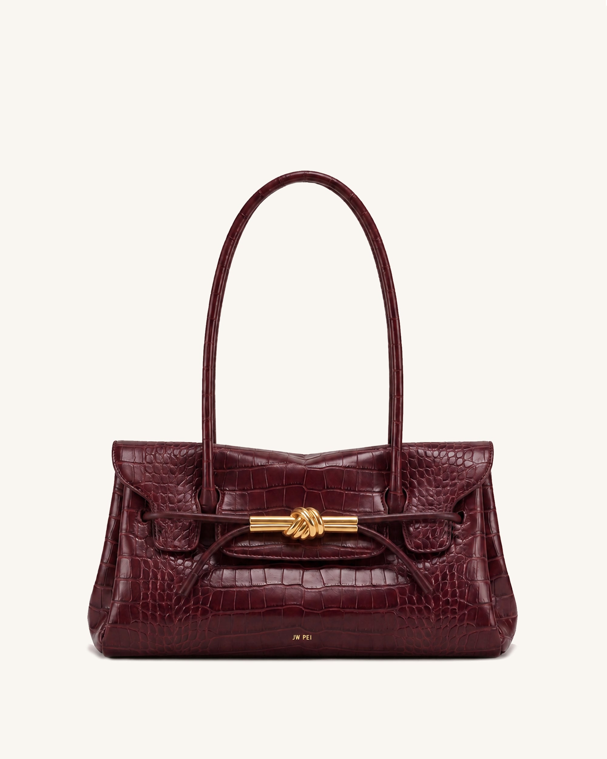 Lena Metal Rope Knot Flap Shoulder Bag - Burgundy Croc
