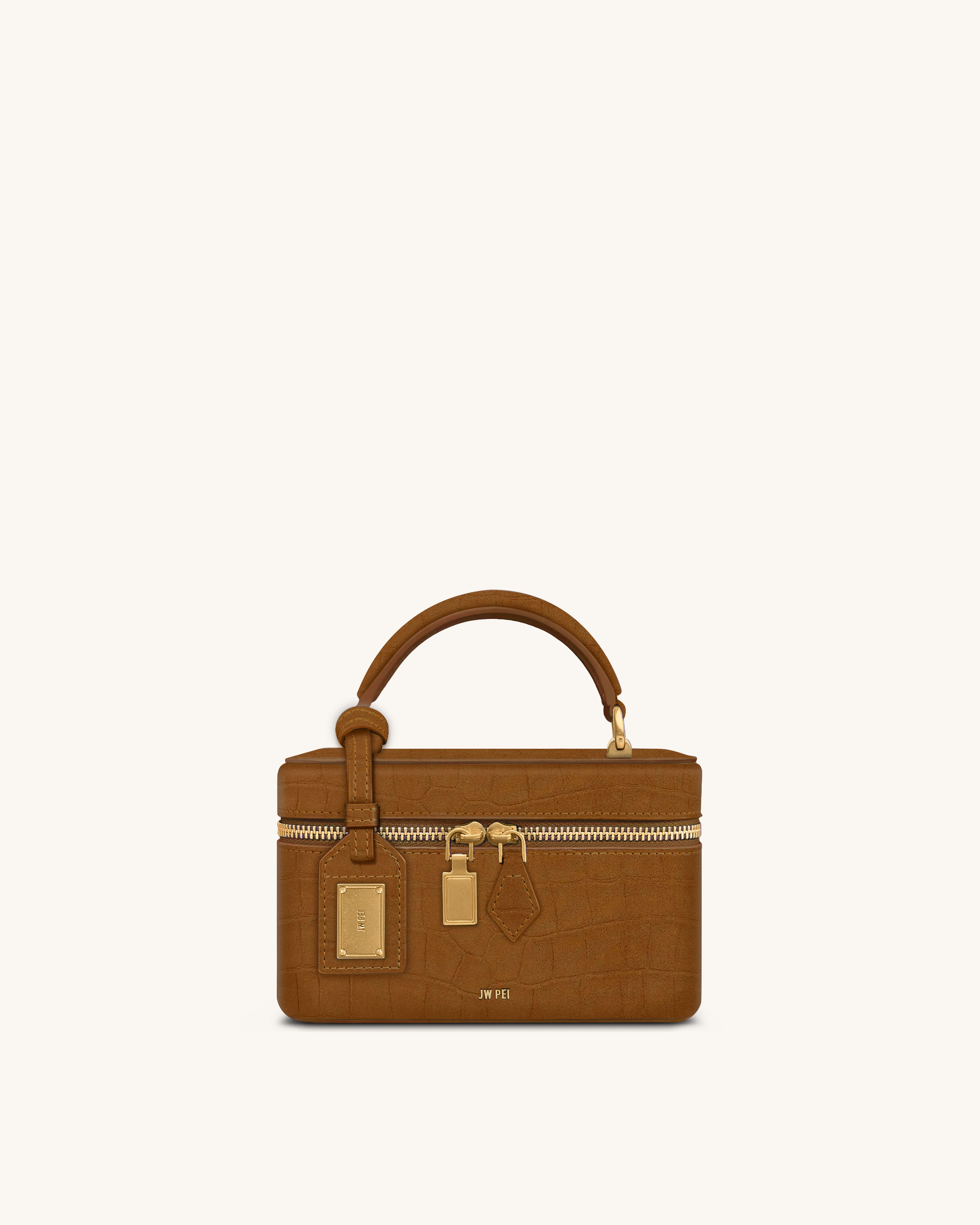 Cleo Faux Suede Croc Embossed Box Shape Top Handle Bag - Brown