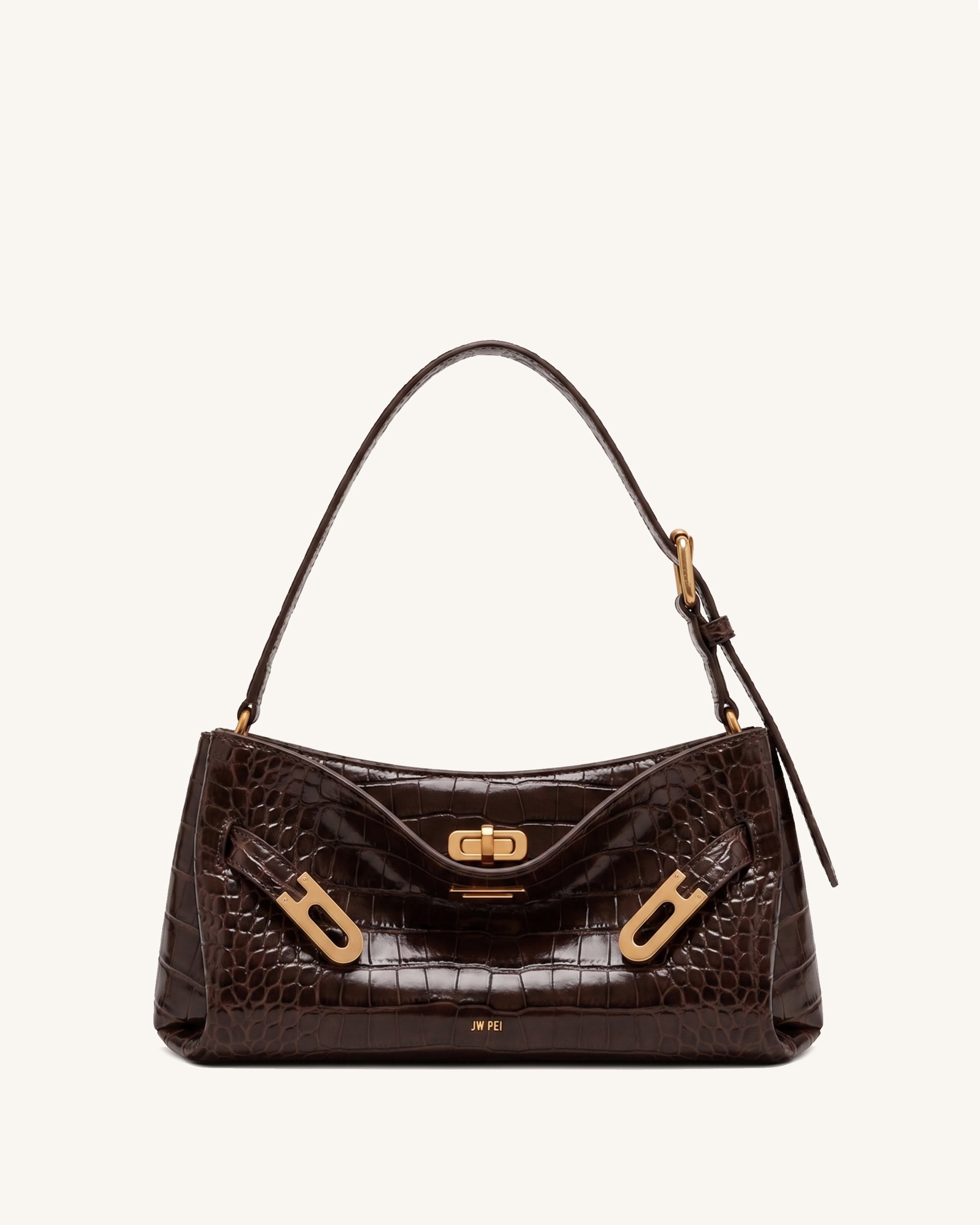 Rhea Double Buckle Adjustable Shoulder Bag - Dark Brown Croc