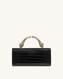 Maya Leopard-Shaped Hardware Handle Top Handle Bag - Black Croc