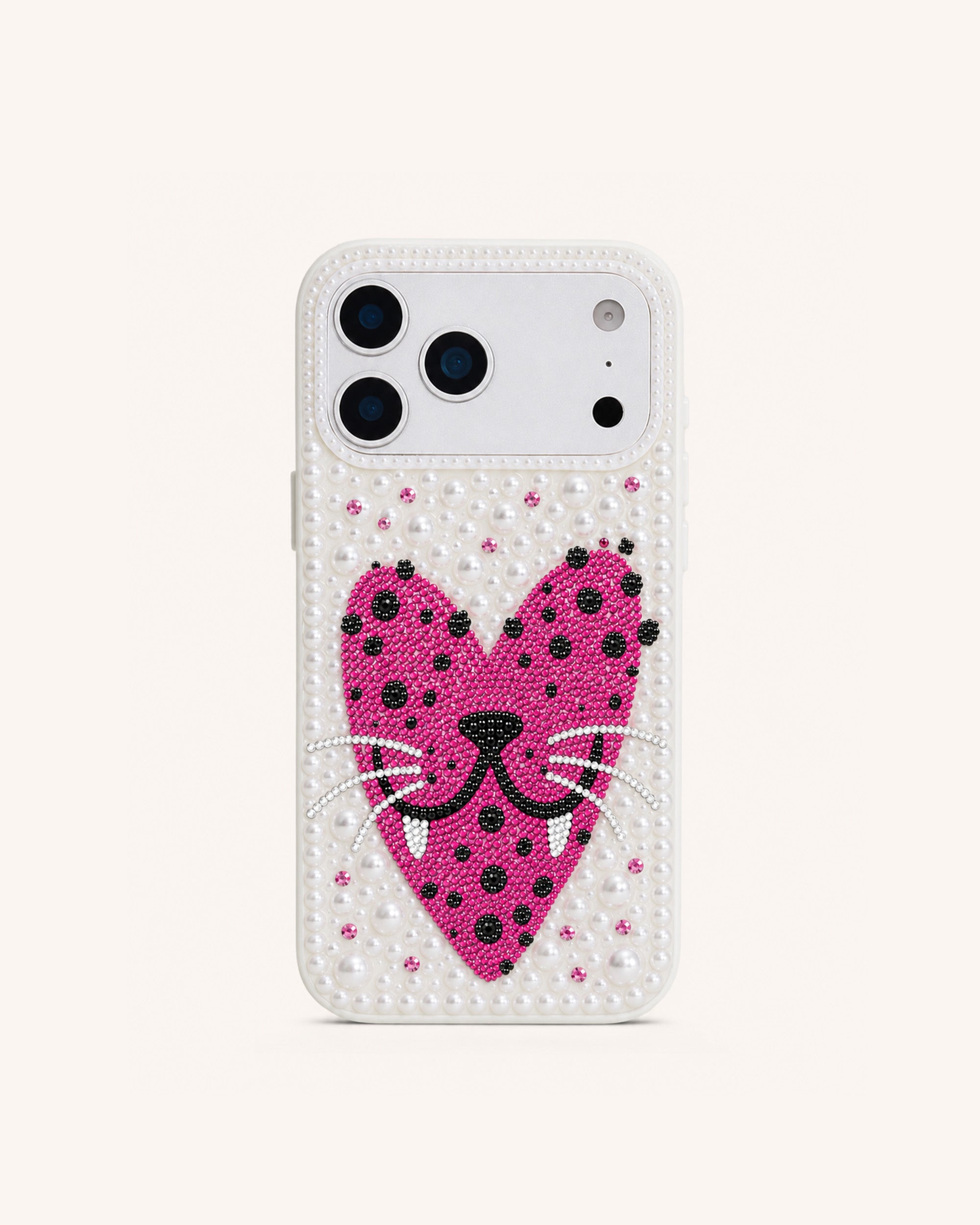 Leopard Heart Cat Imitation Pearl Phone Case - White