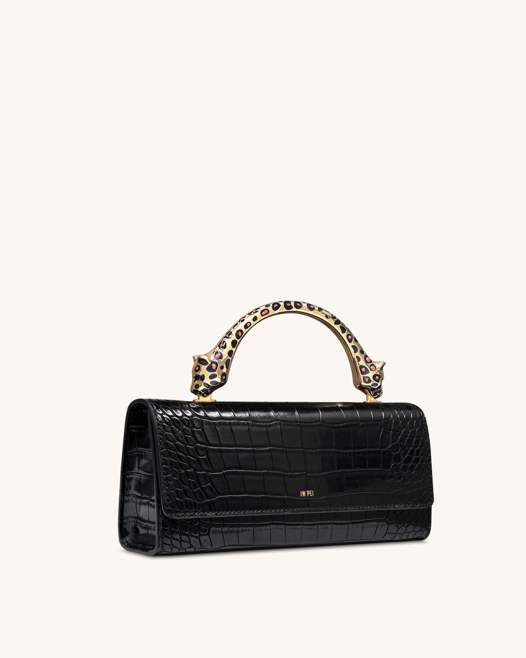 Maya Leopard-Shaped Hardware Handle Top Handle Bag - Black Croc