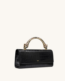 Maya Leopard-Shaped Hardware Handle Top Handle Bag - Black Croc