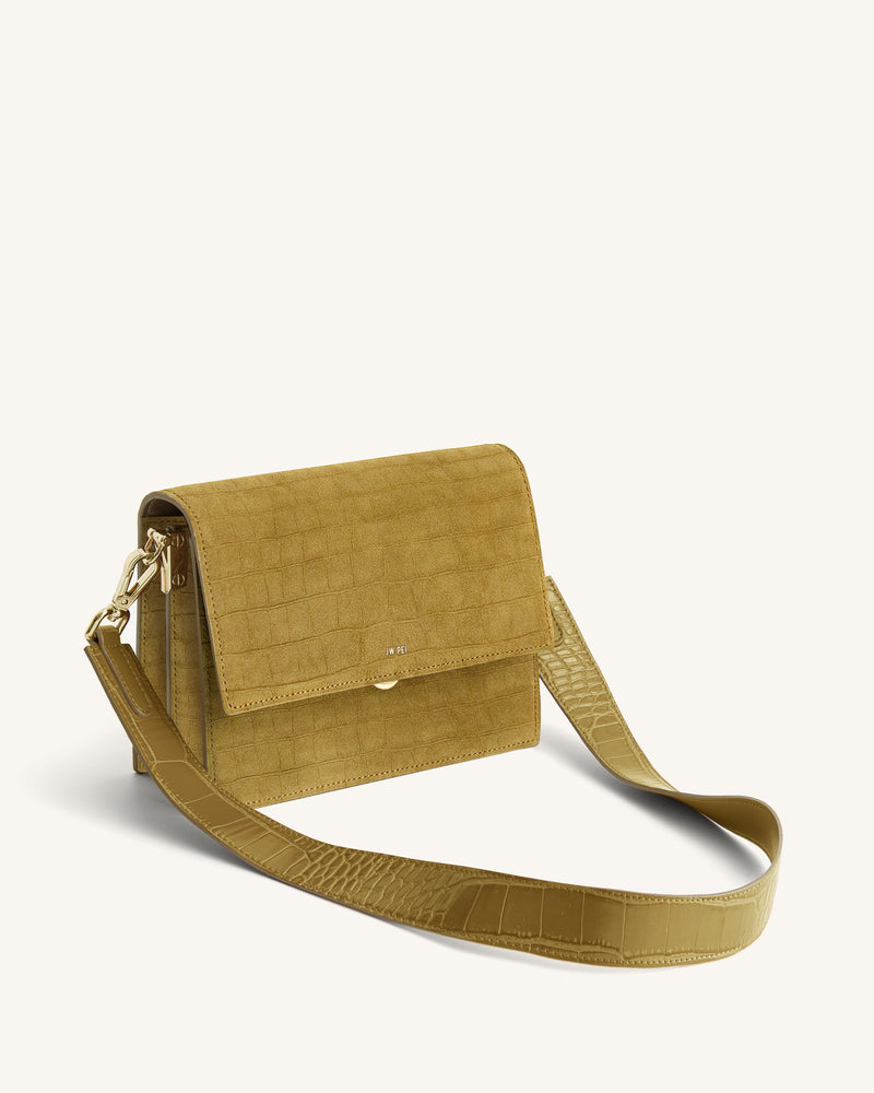 Mini Flap Faux Suede Croc Embossed Crossbody - Yellow