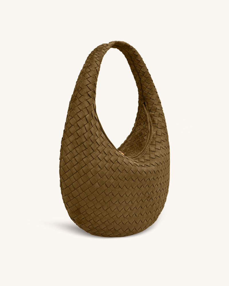 Nola Faux Suede Woven Hobo Shoulder Bag - Olive Green