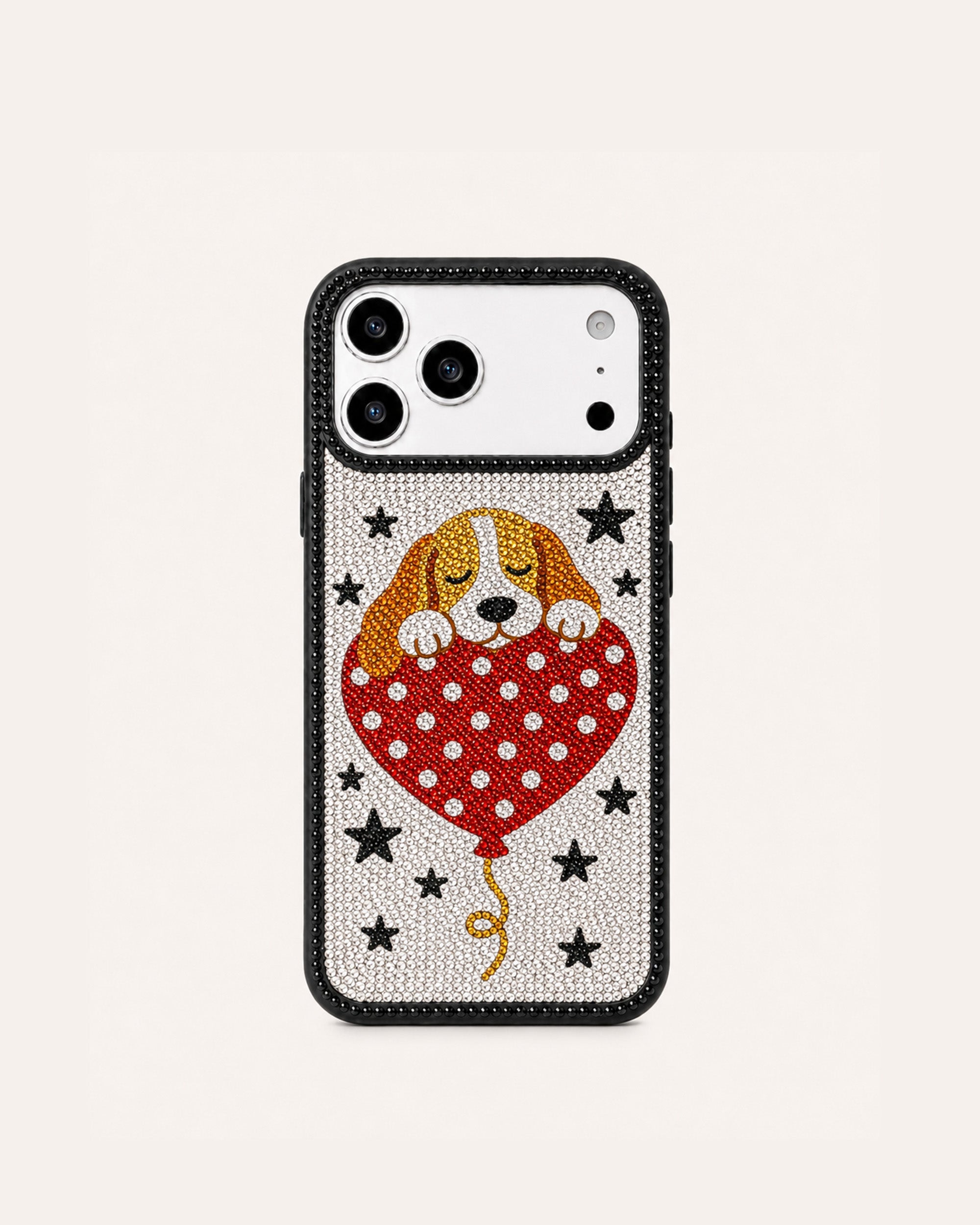 Heart Balloon Puppy Artificial Crystal Phone Case - Black