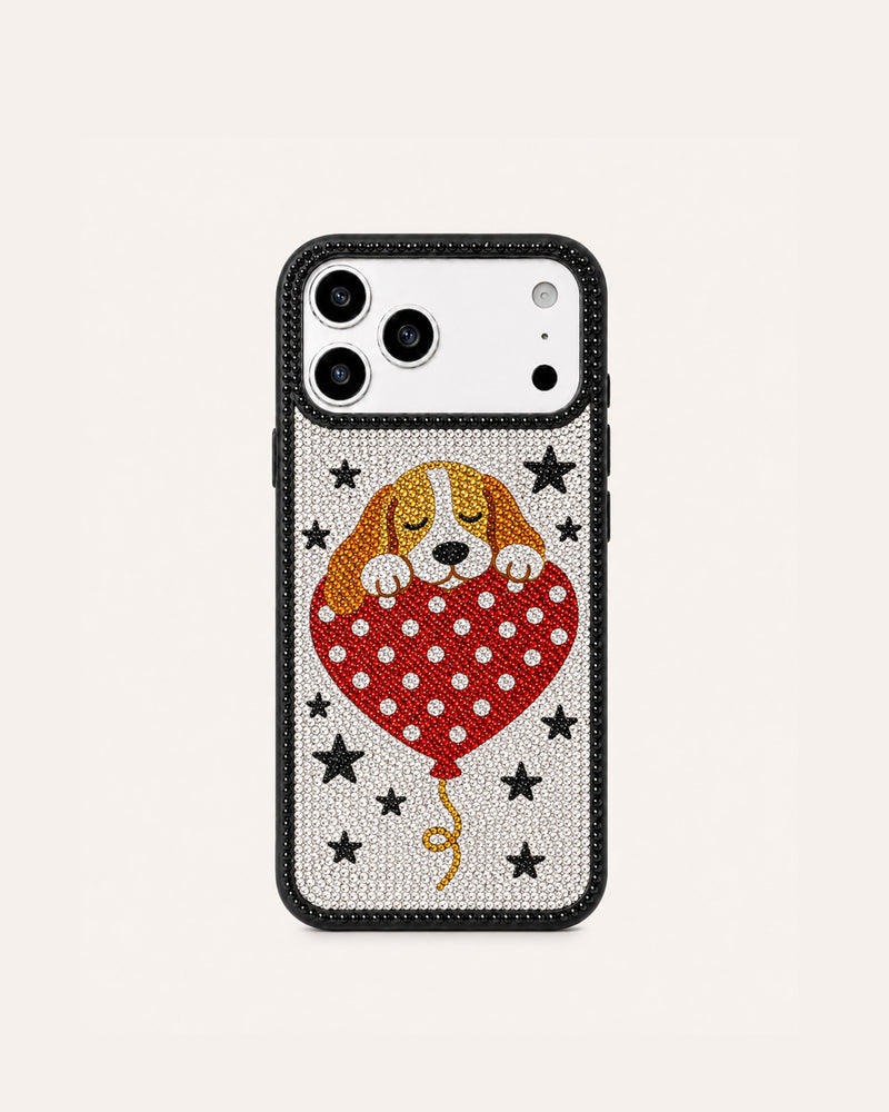 Heart Balloon Puppy Artificial Crystal Phone Case - Black