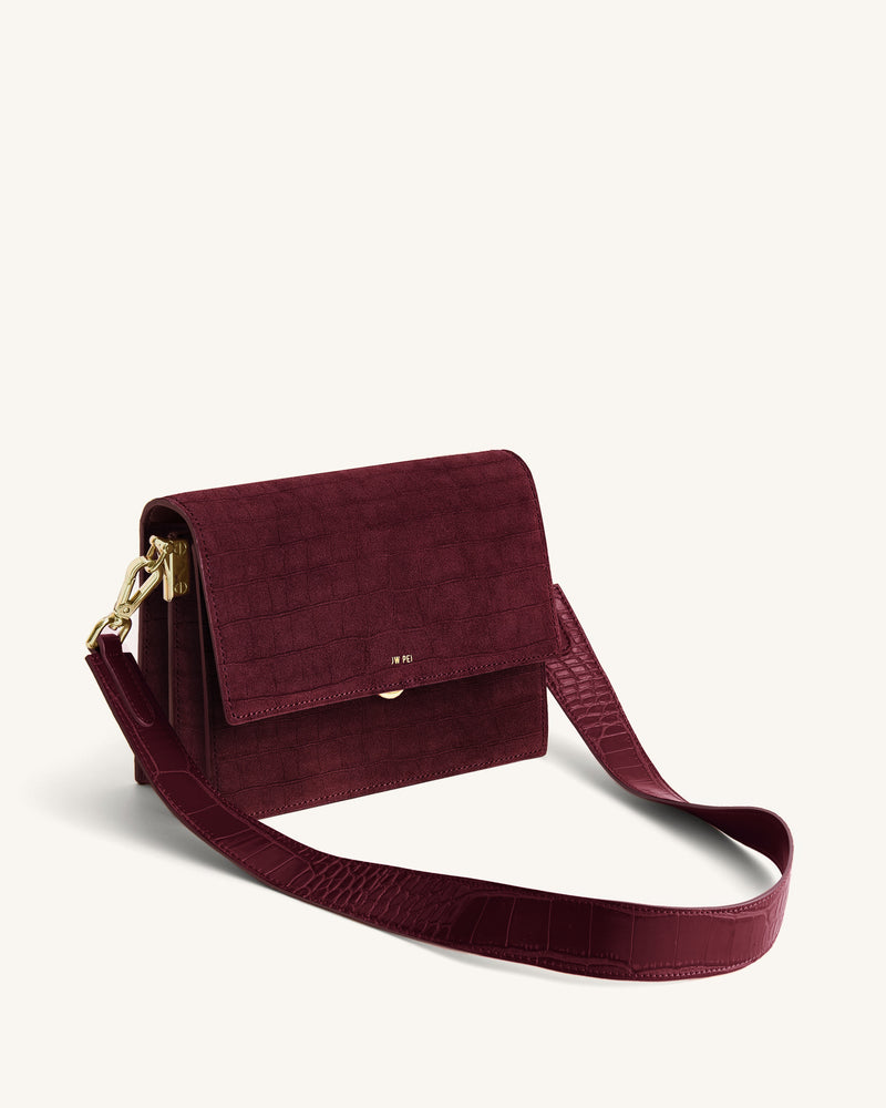Mini Flap Faux Suede Croc Embossed Crossbody - Burgundy