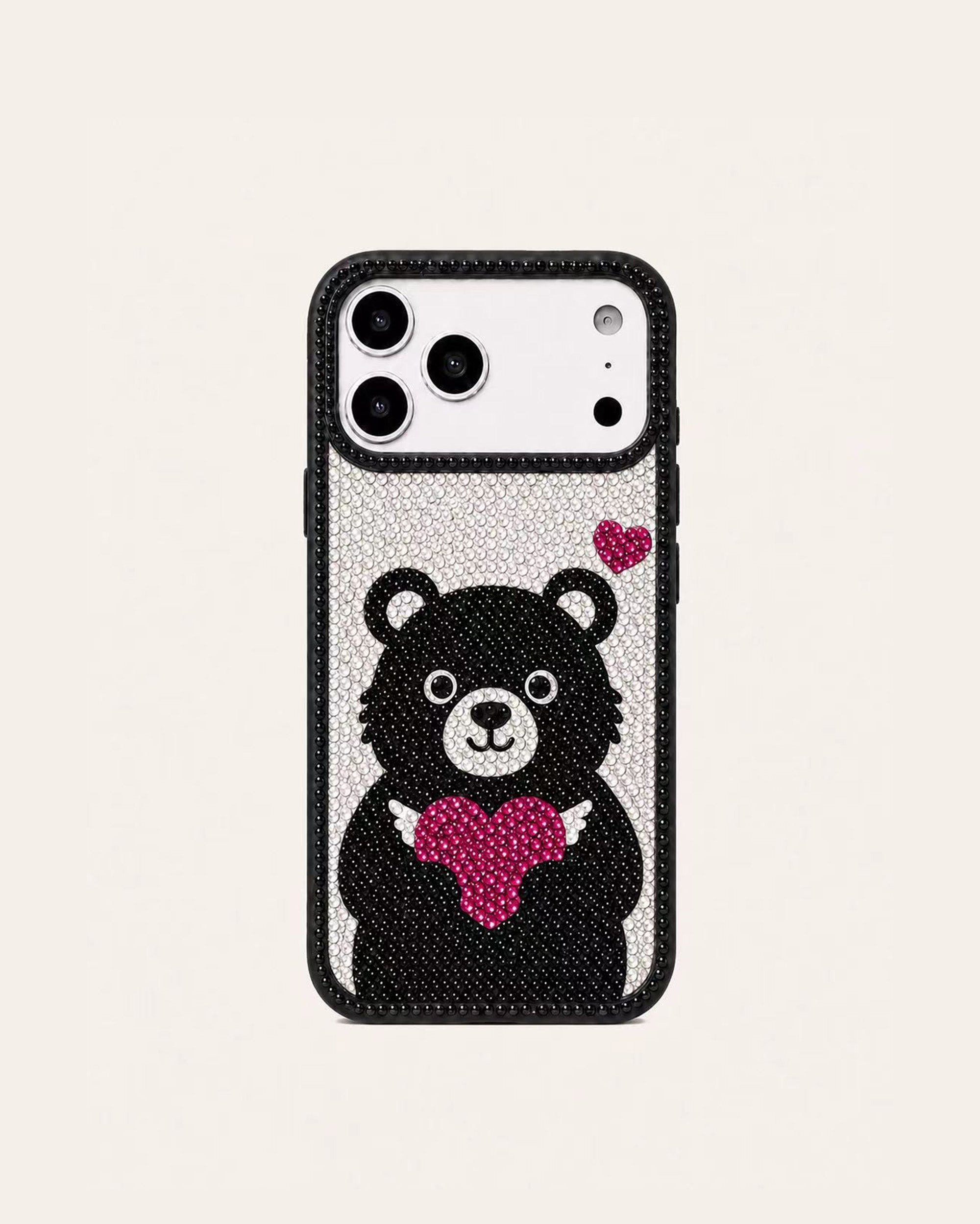 Heart Bear Artificial Crystal Phone Case - Black