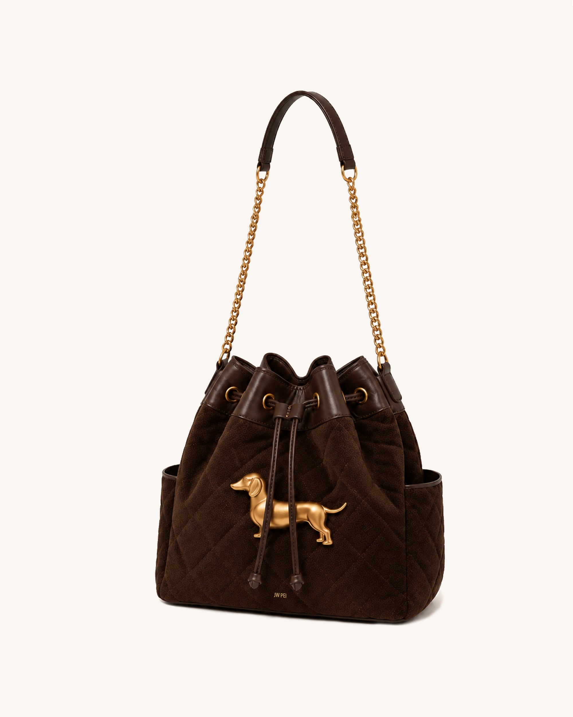 Riley Faux Suede Dachshund Quilted Bucket Bag - Brown