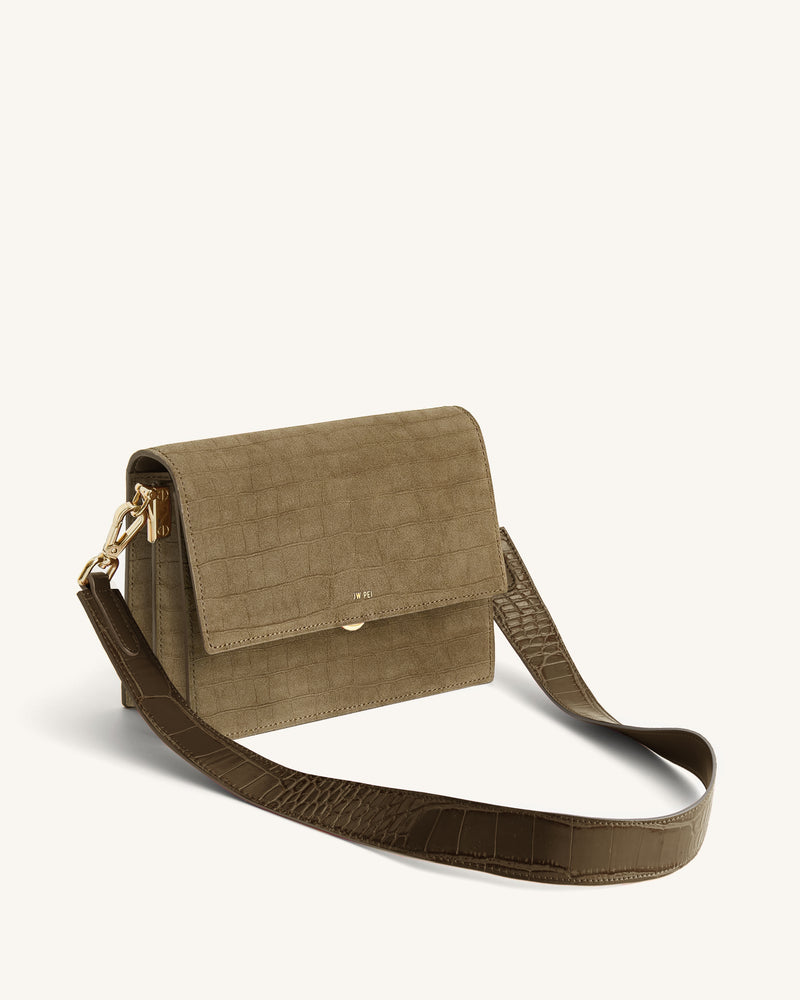 Mini Flap Faux Suede Croc Embossed Crossbody - Khaki