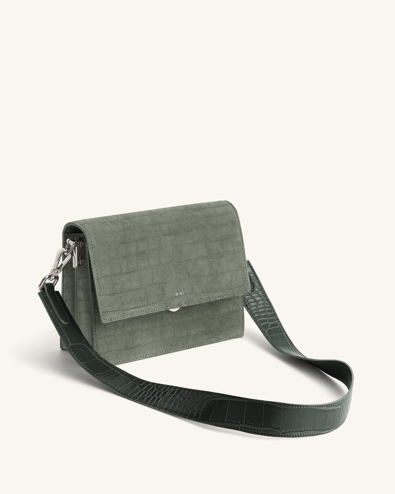 Mini Flap Faux Suede Croc Embossed Crossbody - Green