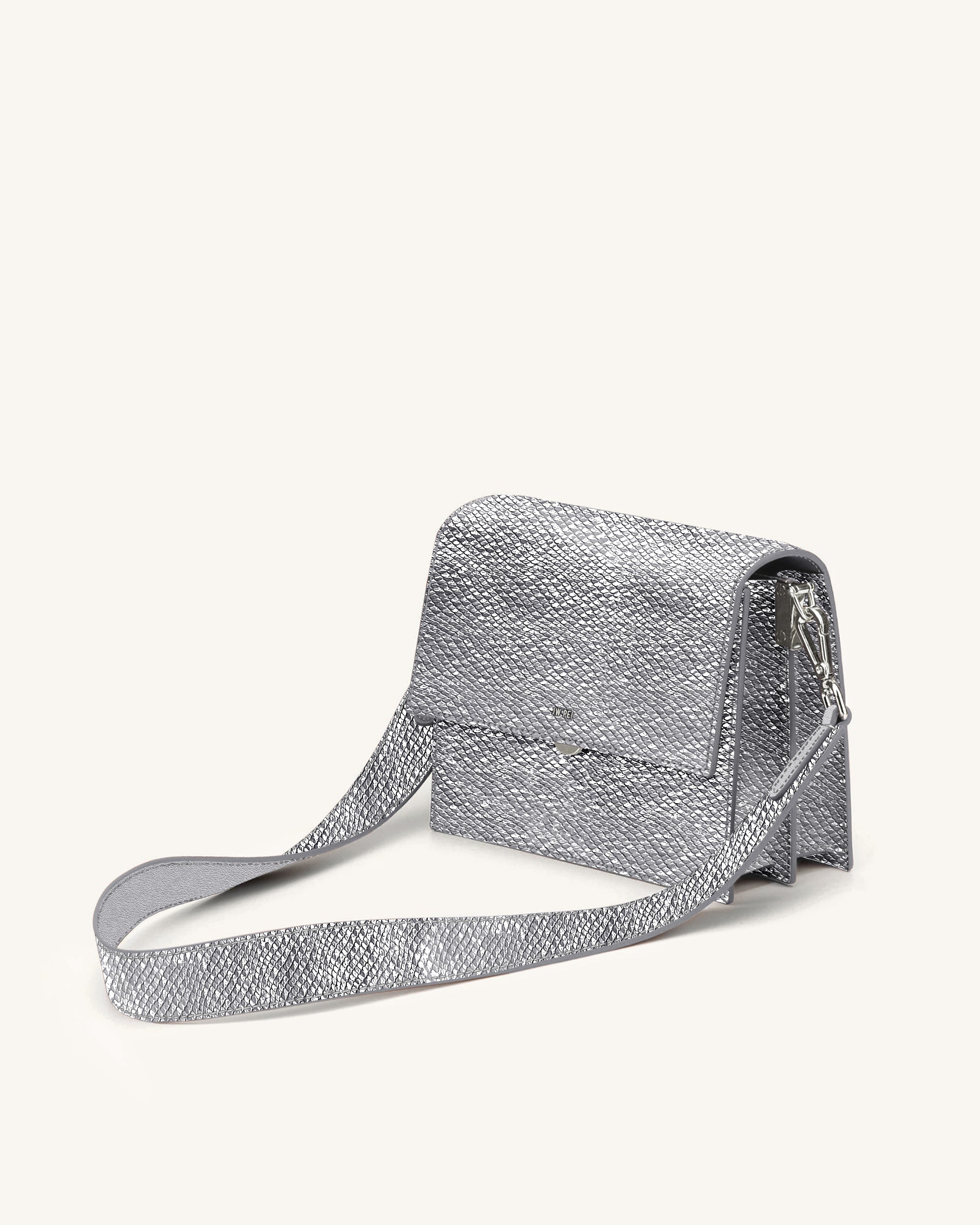 Mini Flap Faux Snake-Effect Crossbody - Silver