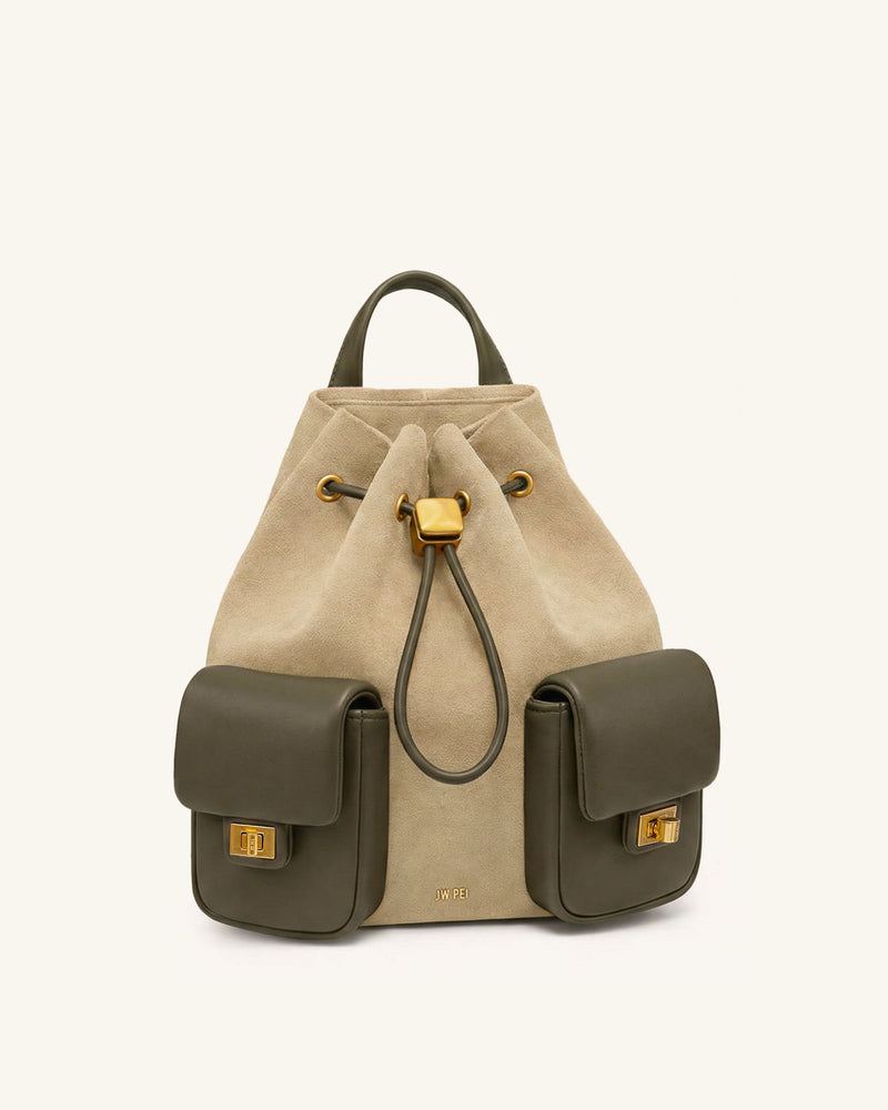 Avery Faux Suede Drawstring Utility Backpack – Beige & Olive