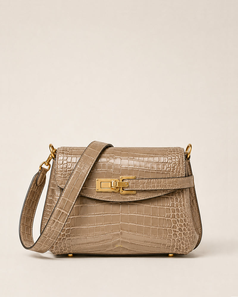 Keyla Belt Lock Satchel Bag - Taupe Croc