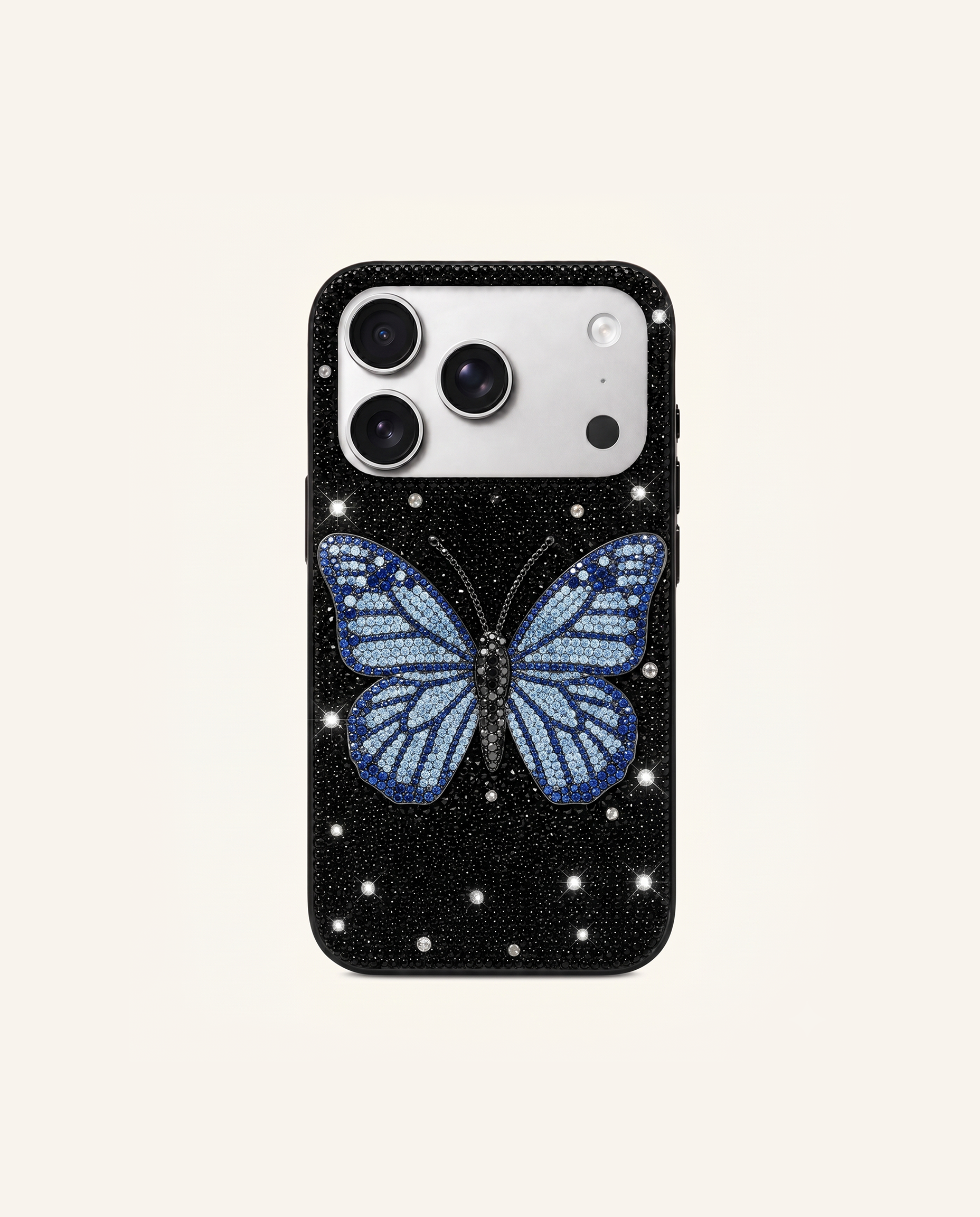 Blue Butterfly Artificial Crystal Phone Case – Black