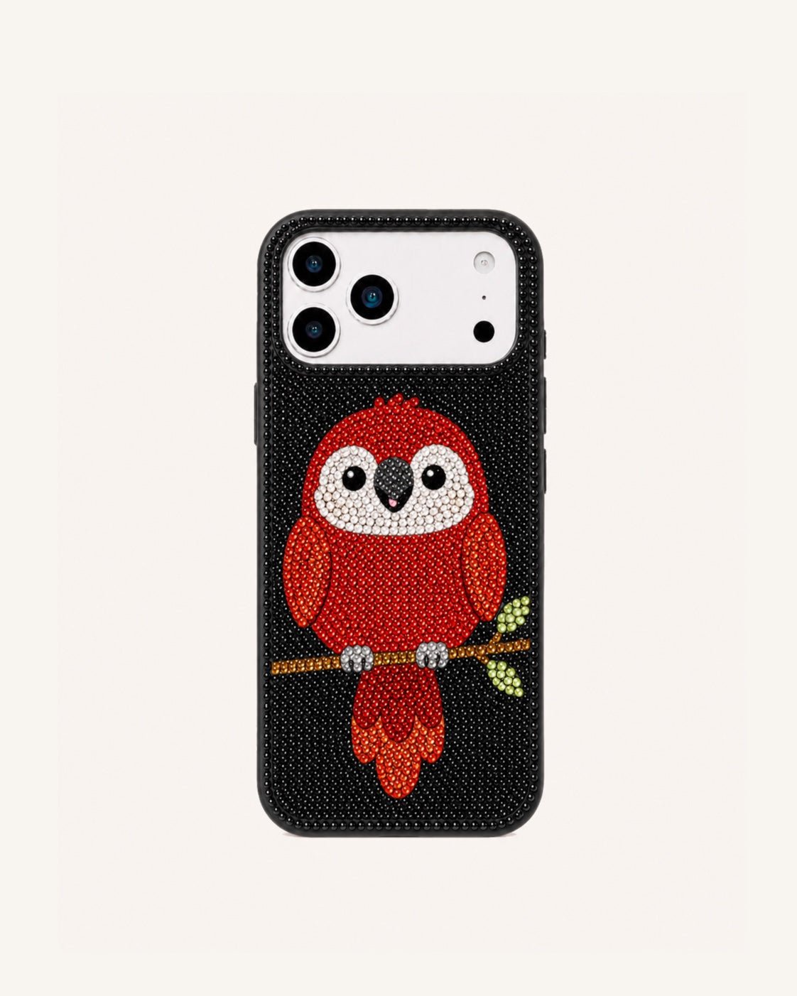 Red Parrot Artificial Crystal Phone Case – Black