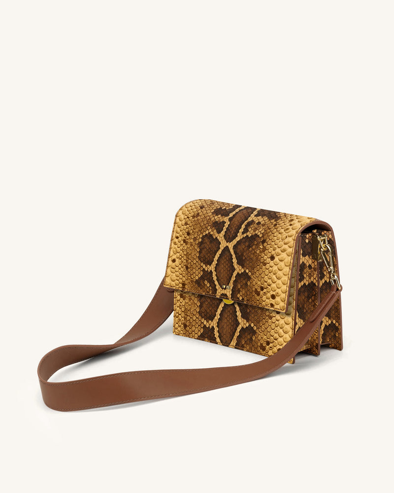 Mini Flap Faux Snake-Effect Crossbody - Brown