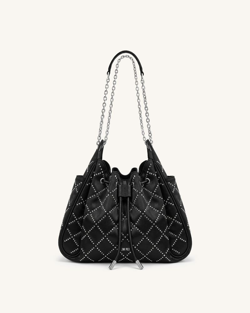 Rowan Small Artificial Crystal Quilted Chain Bucket Bag - Black
