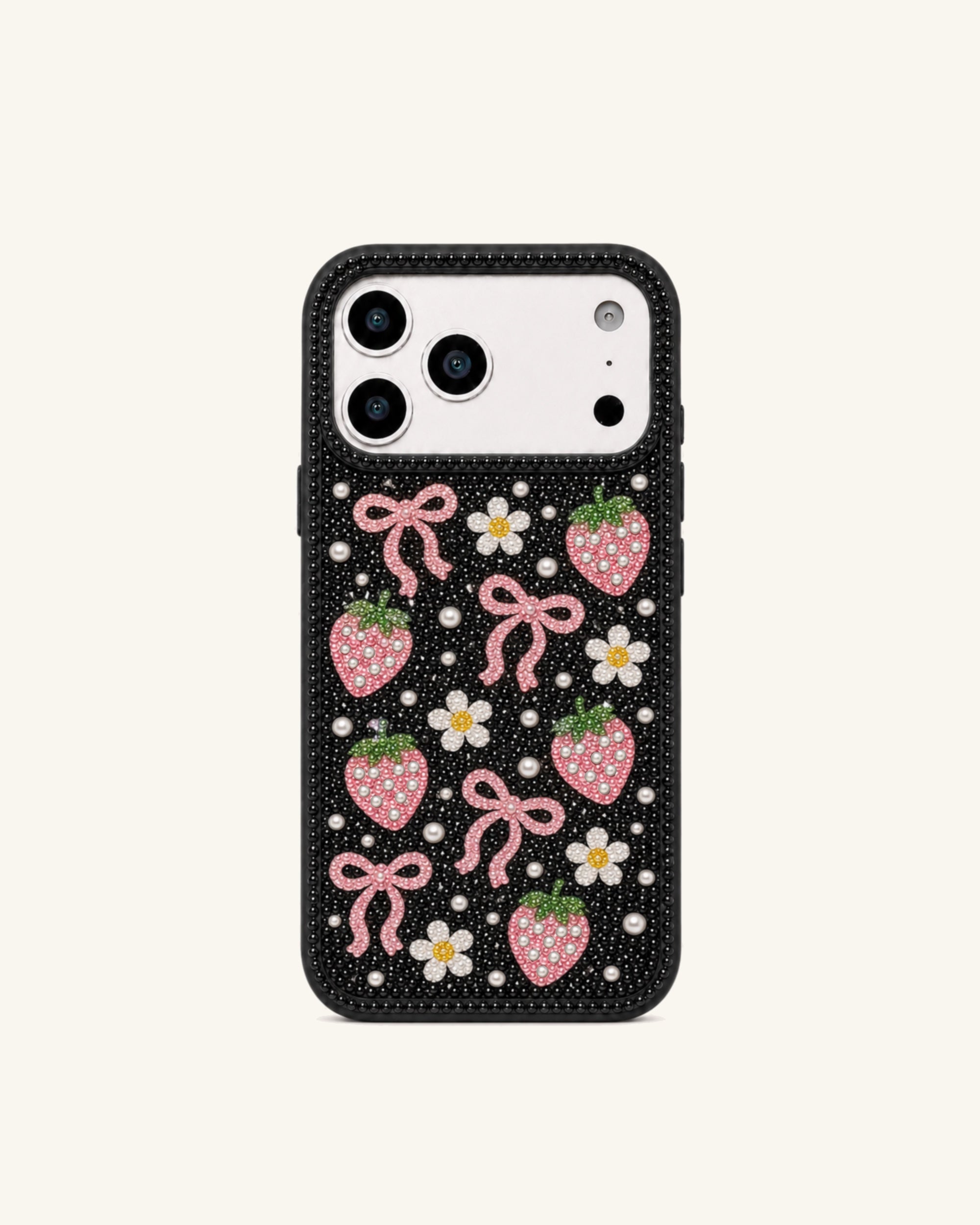 Strawberry Bow Artificial Crystal Phone Case - Black
