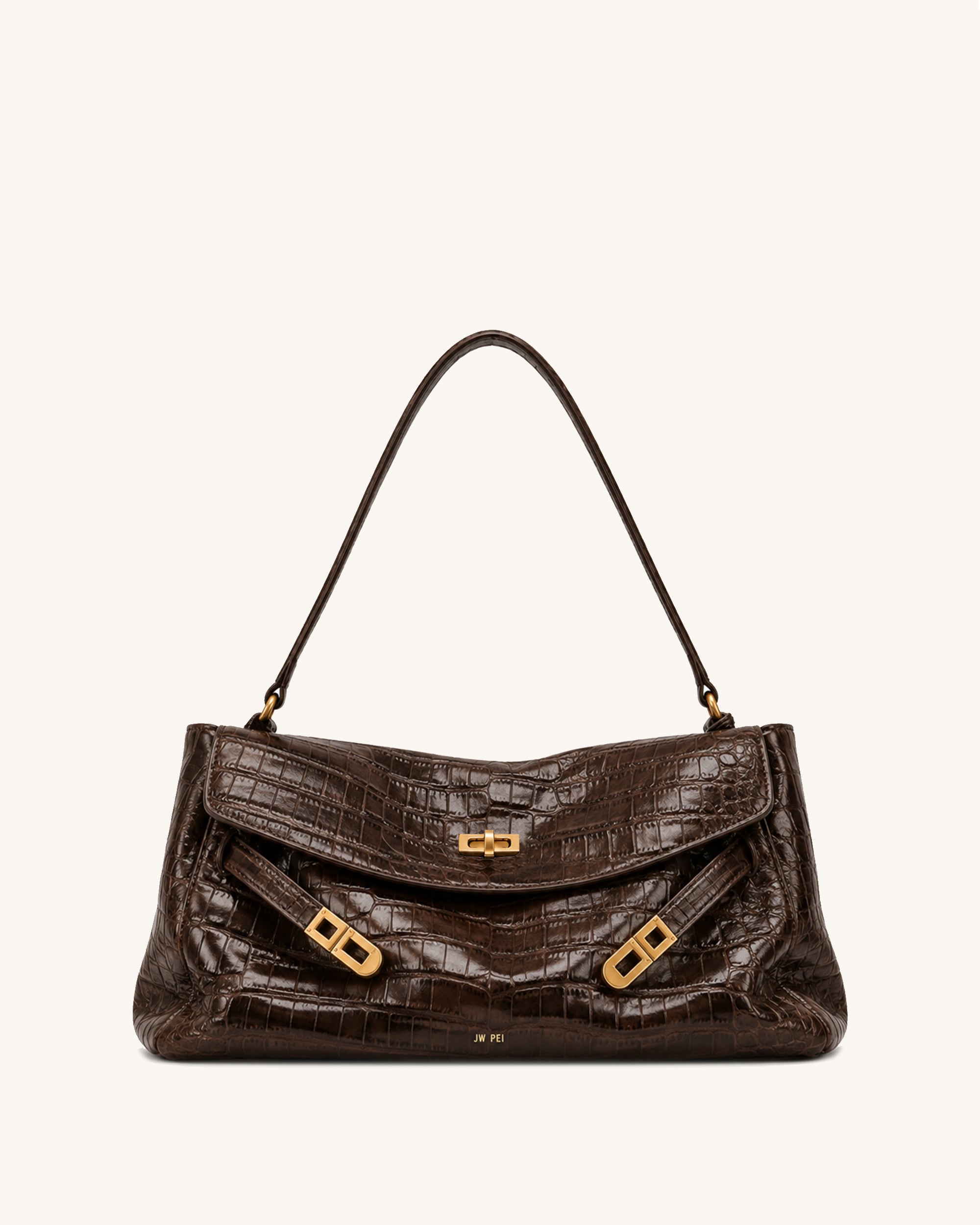 Rhea Double Buckle Flap Shoulder Bag - Dark Brown Croc