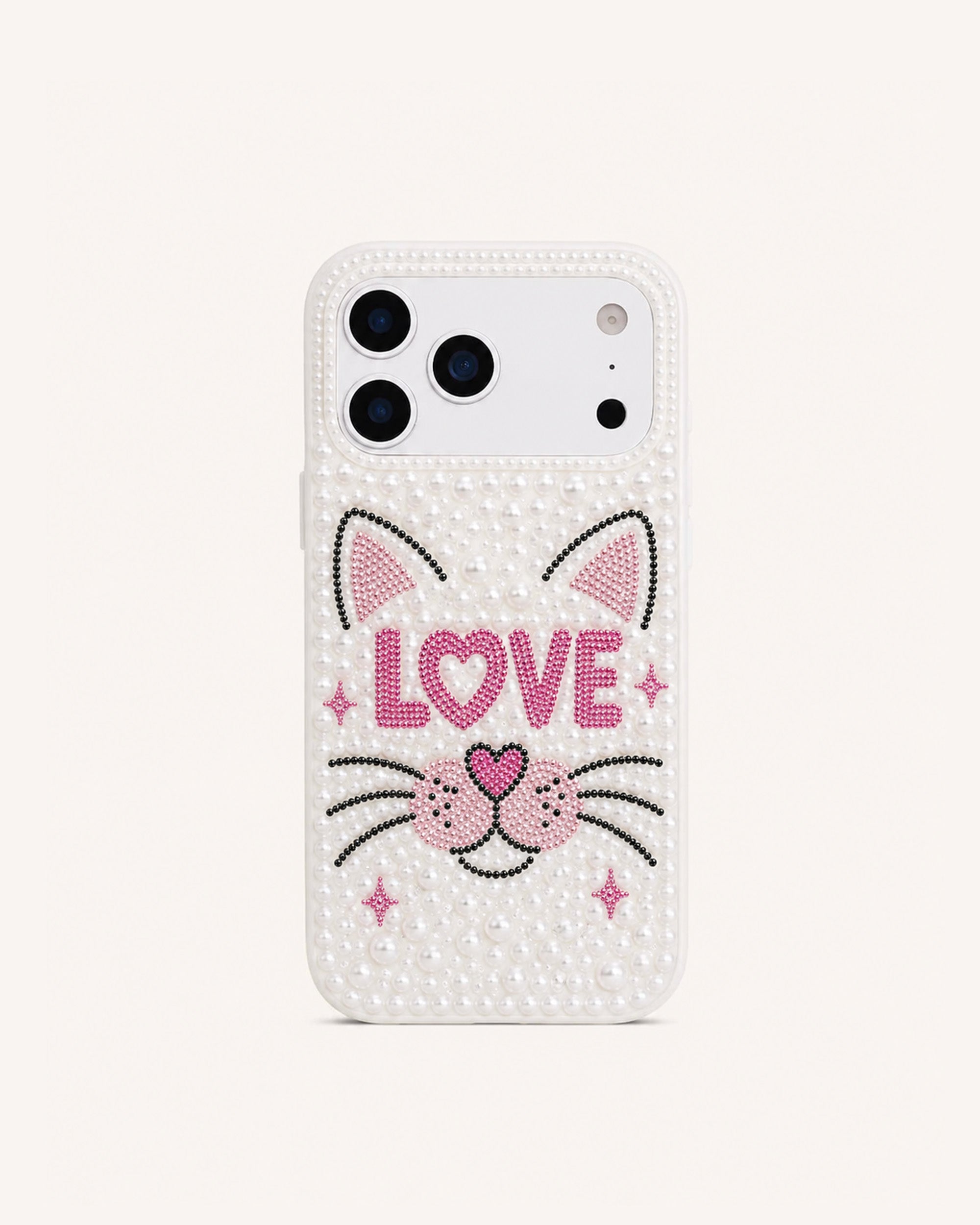 Cat Love Imitation Pearl Phone Case - White