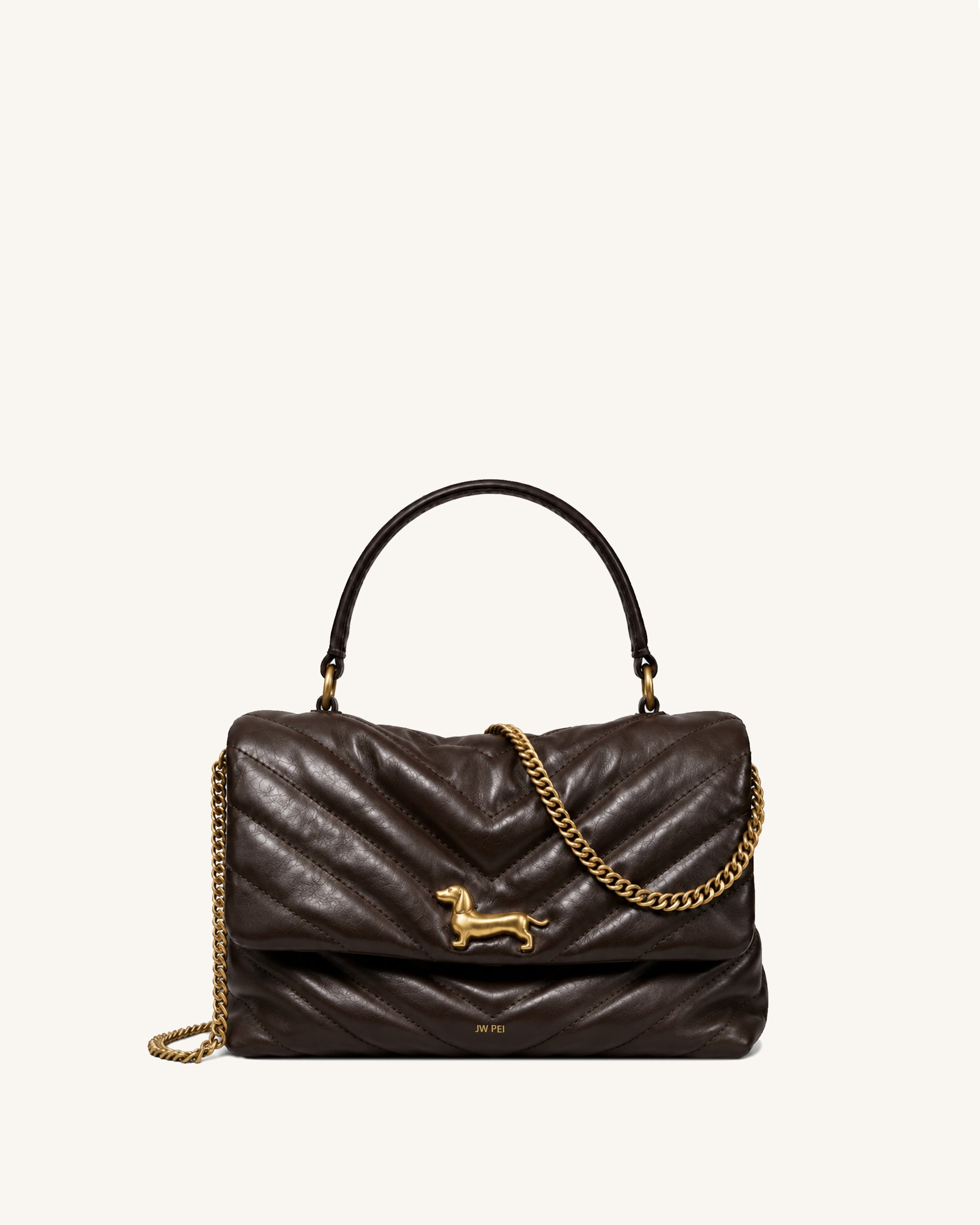 Riley Dachshund Charm Quilted Chain Top Handle Bag - Brown