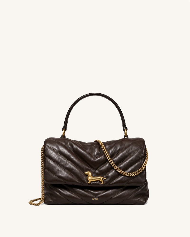Riley Dachshund Charm Quilted Chain Top Handle Bag - Brown