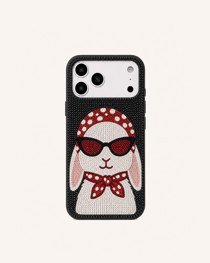 Retro Bunny Artificial Crystal Phone Case - Black